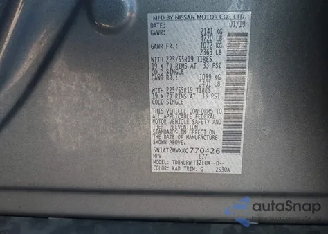 2019 Nissan Rogue S/Sl/Sv z USA, uszkodzony, nr VIN 5N1AT2MVXKC770426